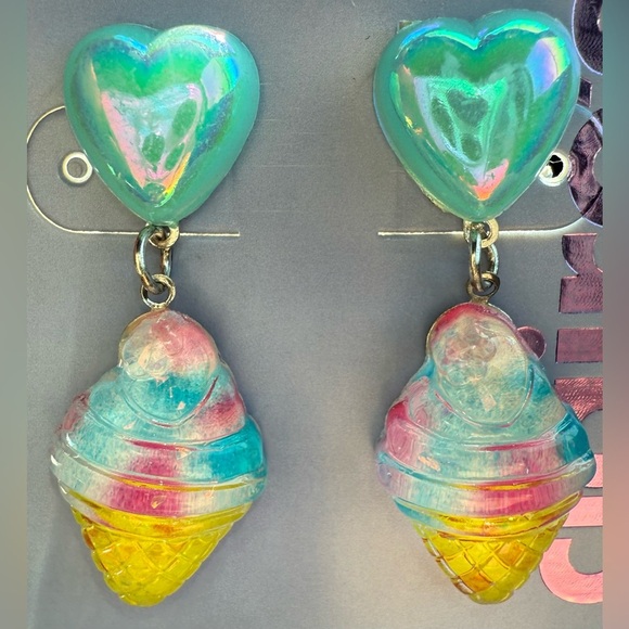 Claire's Puffy Heart and Ice Cream Cone Drop Post Pierced Earrings, Blue Yellow - Picture 5 of 8
